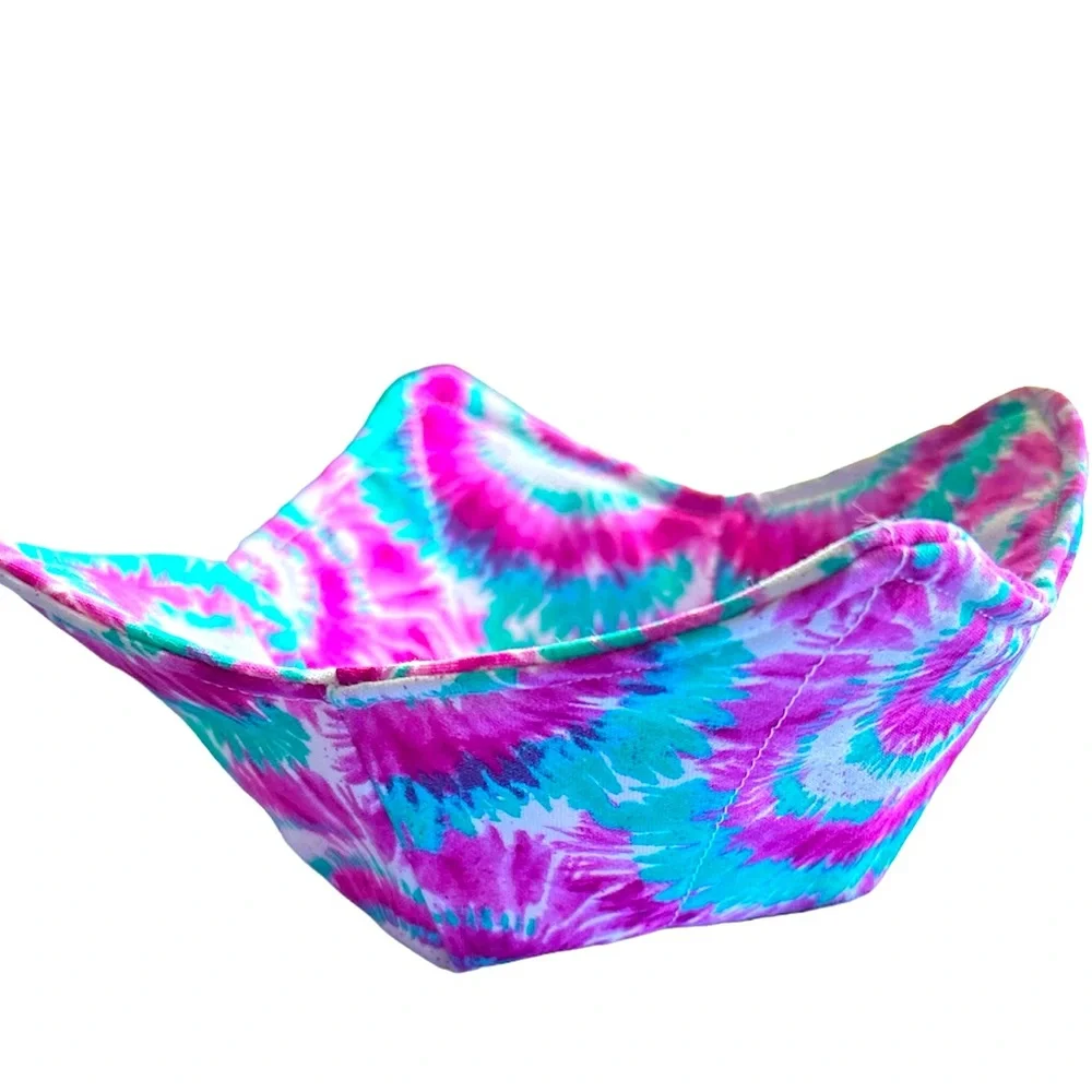 Hand Crafted Trinket Bowl Basket Colorful Pink Tie Dye Cotton Bin